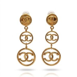 CHANEL THREE TIER CC LOGO CHARM LONG DANGLE DROP EARRINGS